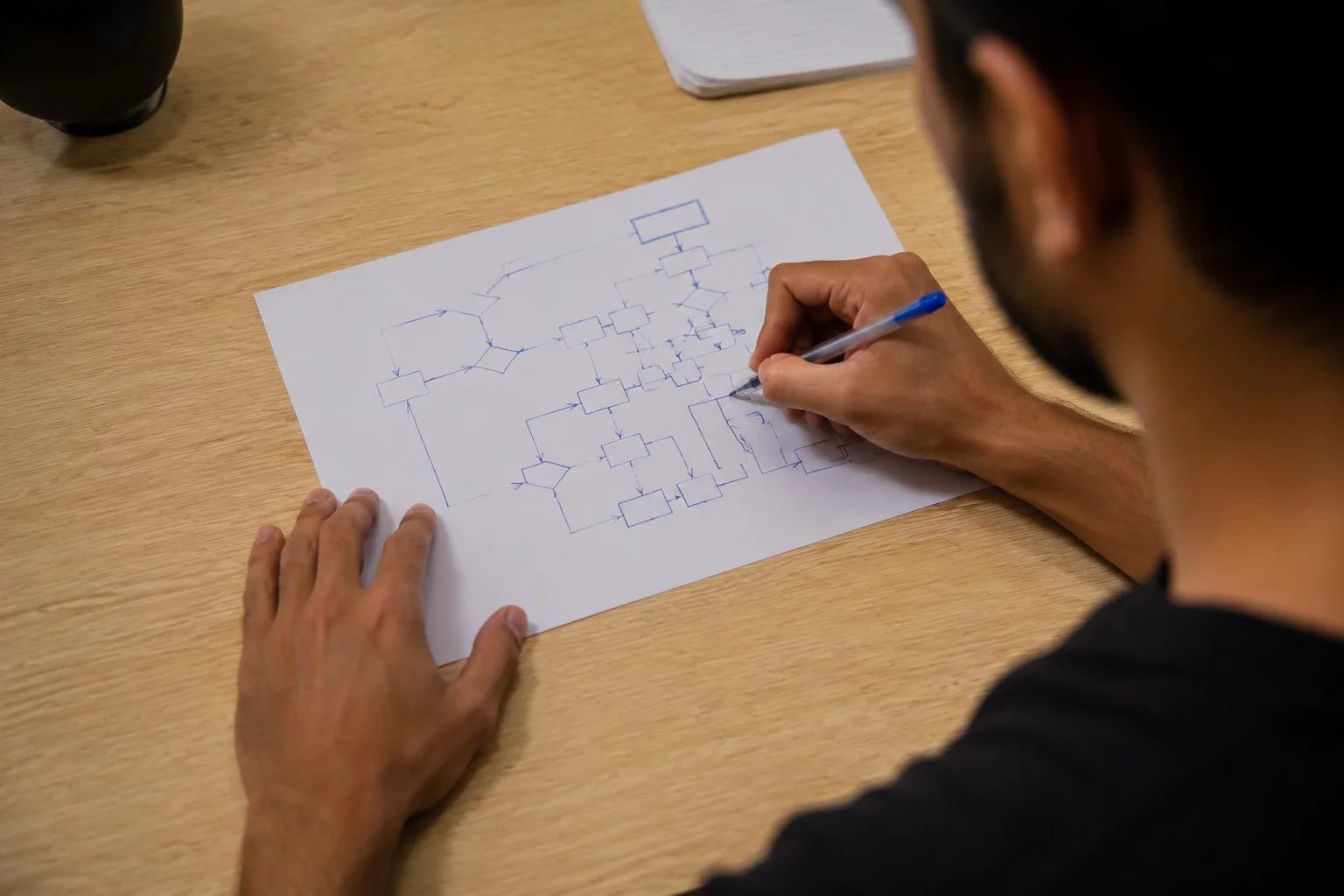 Vista de cima de uma mesa com um diagrama de lógica desenhado à mão