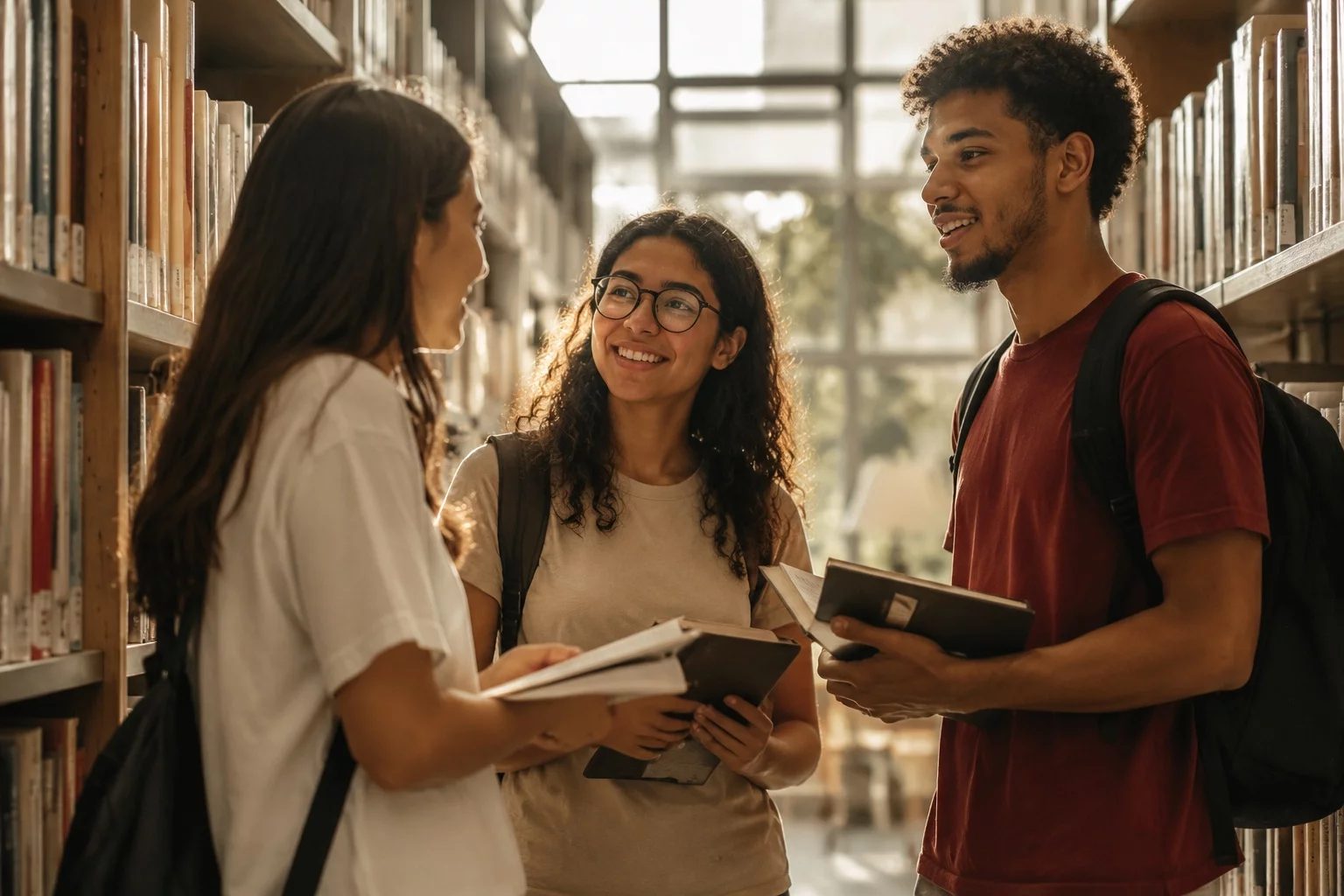 Estudantes conversando em pé entre as estantes de uma biblioteca