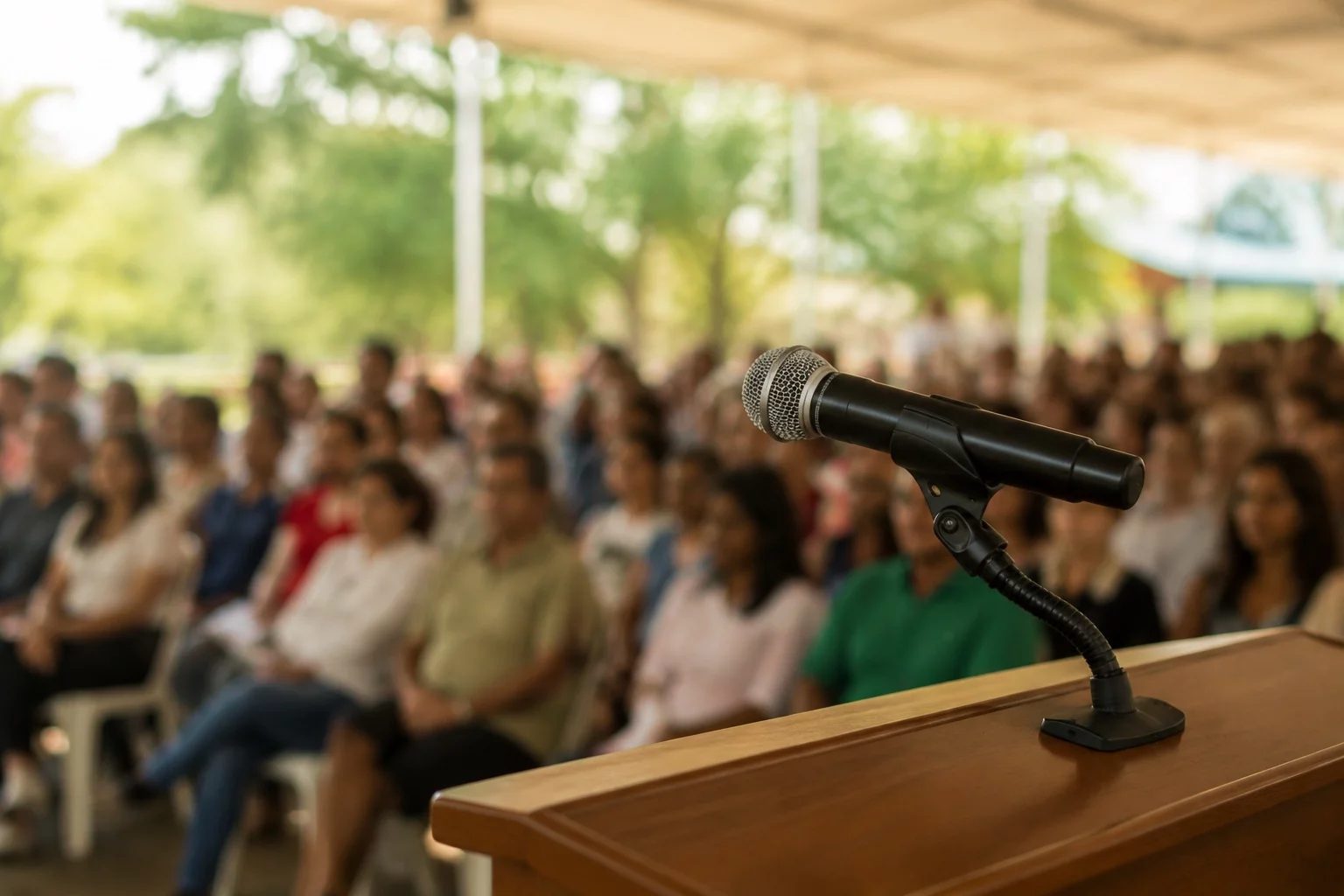 Microfone sobre uma tribuna, com a plateia sentada desfocada ao fundo