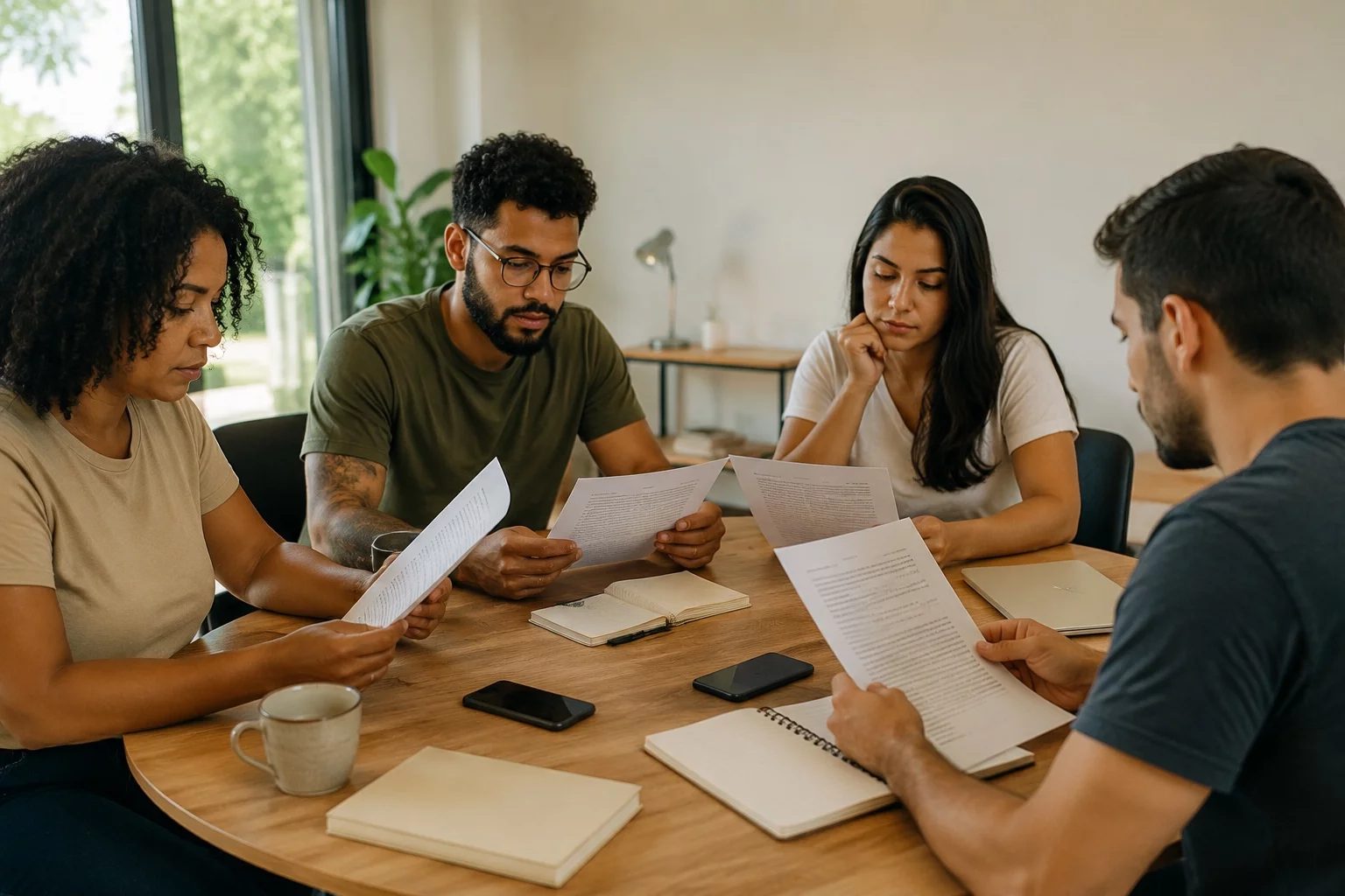 Grupo pequeno lendo páginas impressas de argumentos ao redor de uma mesa
