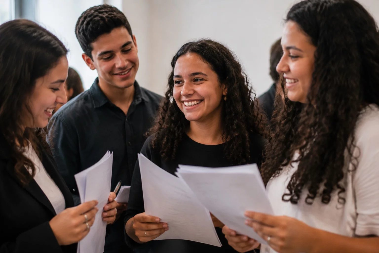 Grupo sorrindo após uma rodada de debate, com papéis nas mãos